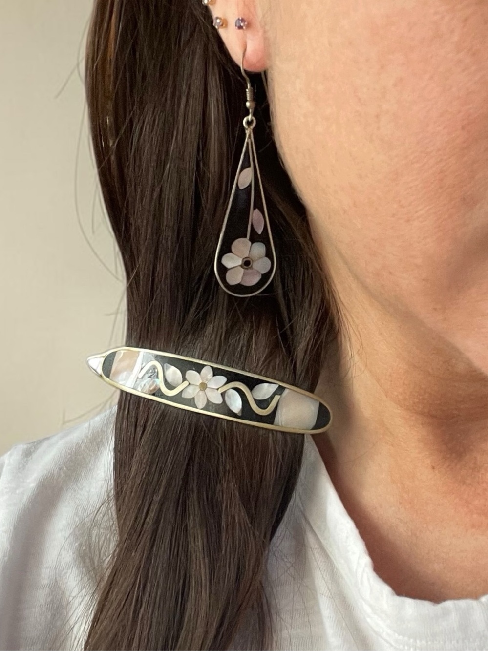 Vintage Hecho en Mexico Black Enamel & Mother of Pearl Inlay Set